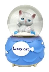 Lucky Cat - Şanslı Kedi Işıklı ve Müzikli Kar Küresi Mavi