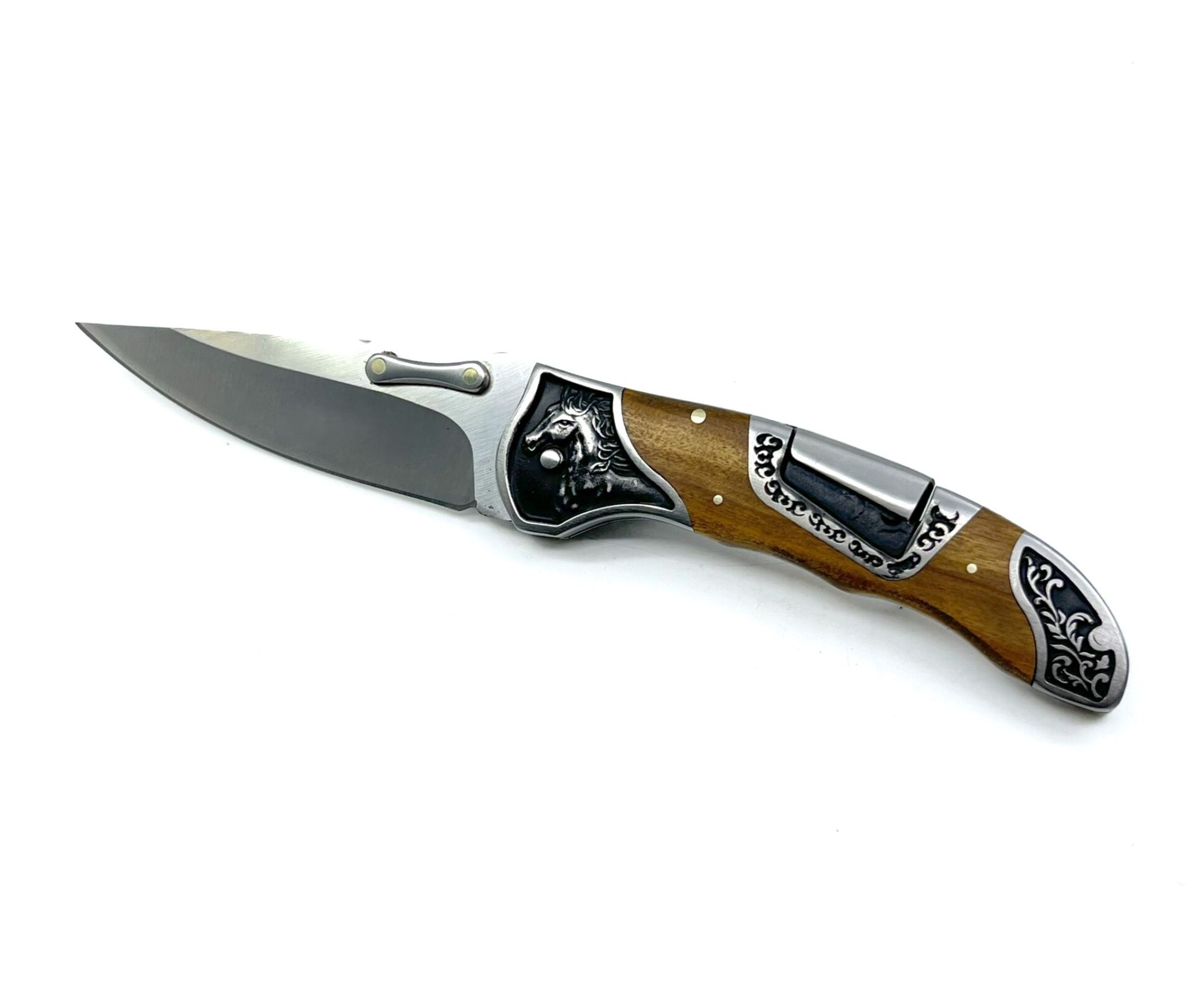 American Mustang At Figürü İşlemeli Katlanır Çakı - Zeytin Ağacı Kabze 20 Cm