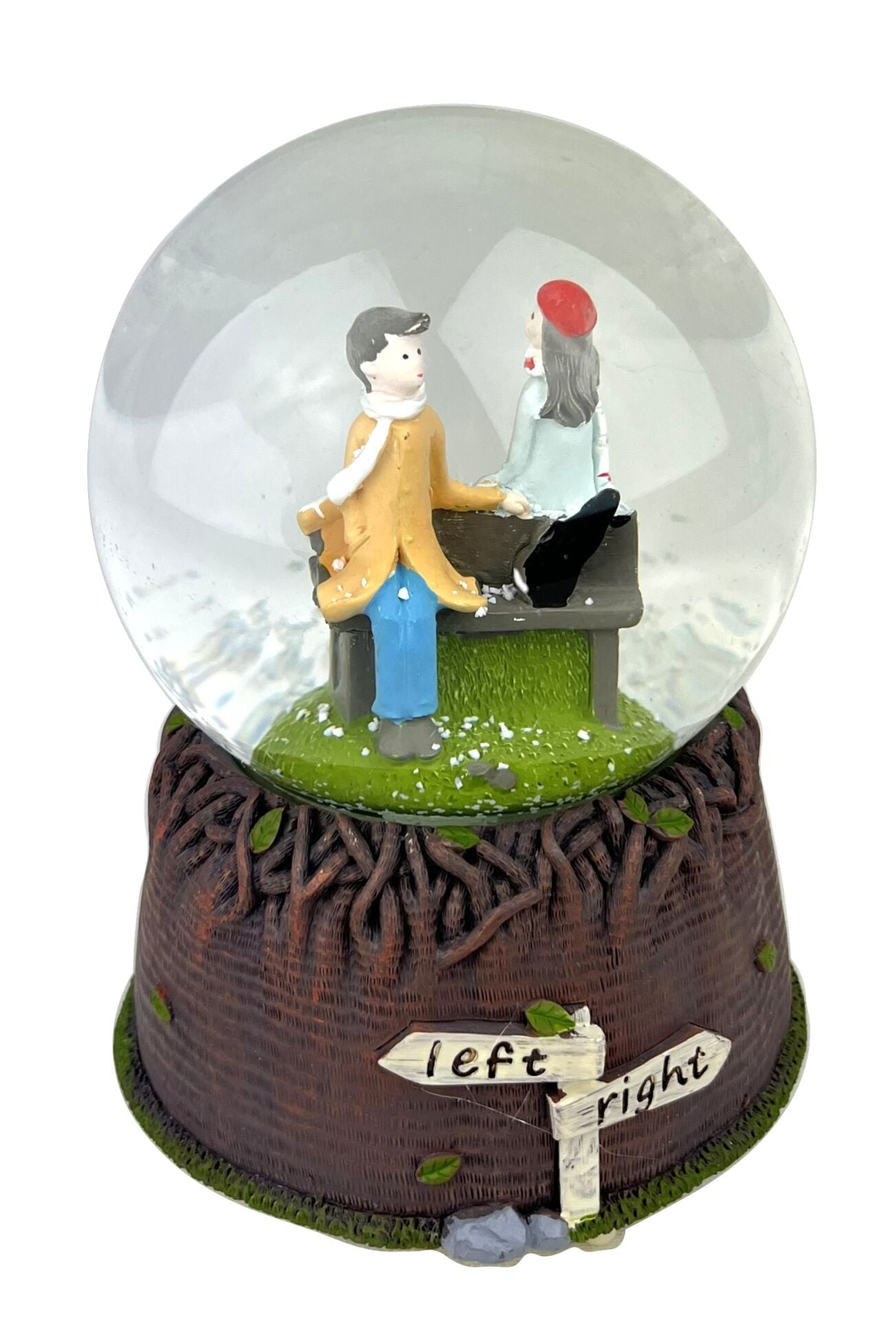 Left-Right Bankta Oturan Aşıklar Işıklı ve Müzikli Kar Küresi