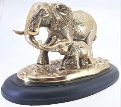 Ahşap Kaide Üzeri Pirinç Fil ve Yavrusu