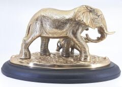 Ahşap Kaide Üzeri Pirinç Fil ve Yavrusu