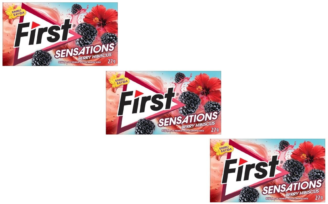 First Sensations Berry Hibiscus Böğürtlen ve Hibiskus Aromalı Şekersiz Tatlandırıcılı Sakız - 3'lü Paket
