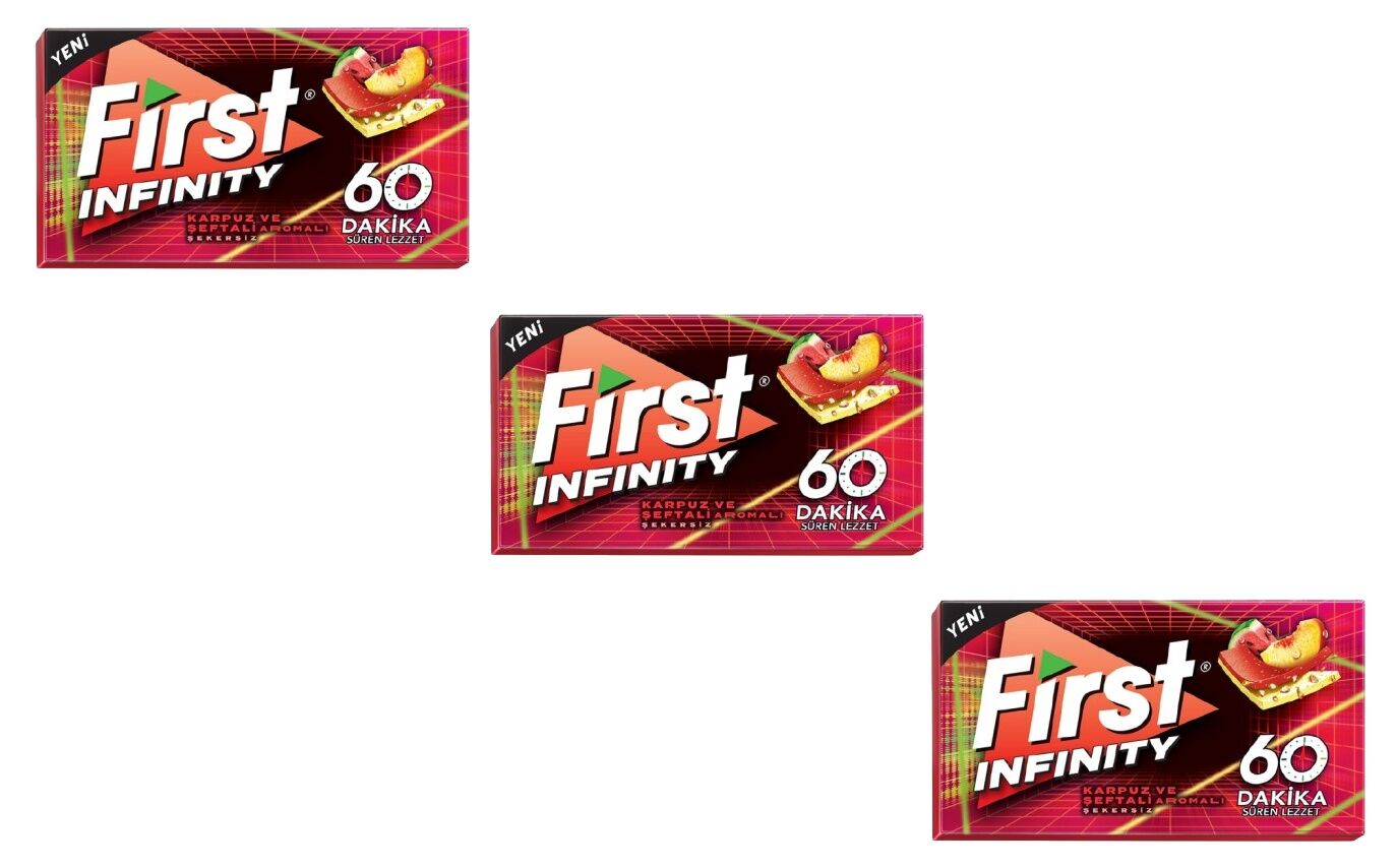 First 60 Dk Infinity Karpuz & Şeftali Aromalı Şekersiz Tatlandırıcılı Sakız - 3'lü Paket