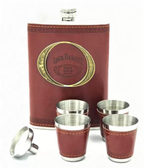 Paslanmaz Çelik Matara Set - 4 Shot Bardak ve Huni - Kahverengi