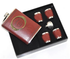 Paslanmaz Çelik Matara Set - 4 Shot Bardak ve Huni - Kahverengi