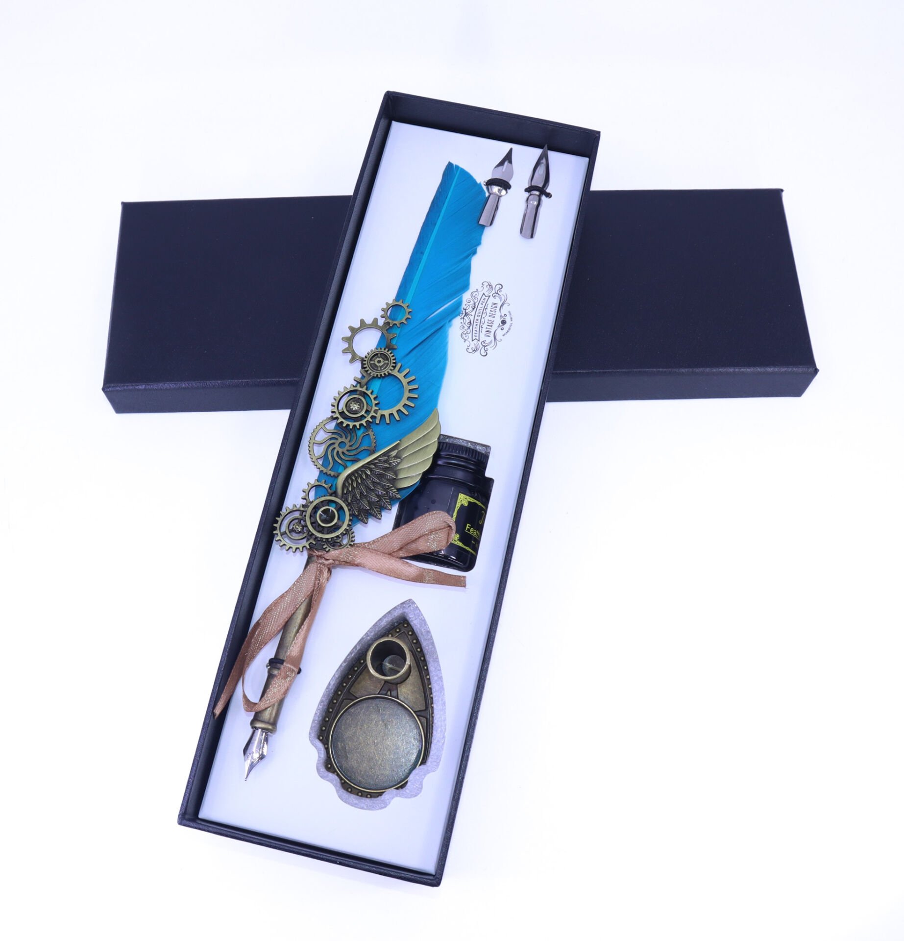 Hediyelik Divit Hokka Seti Orjinal Kuş Tüylü Kutulu Kalem Seti - Mavi