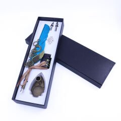 Hediyelik Divit Hokka Seti Orjinal Kuş Tüylü Kutulu Kalem Seti - Mavi