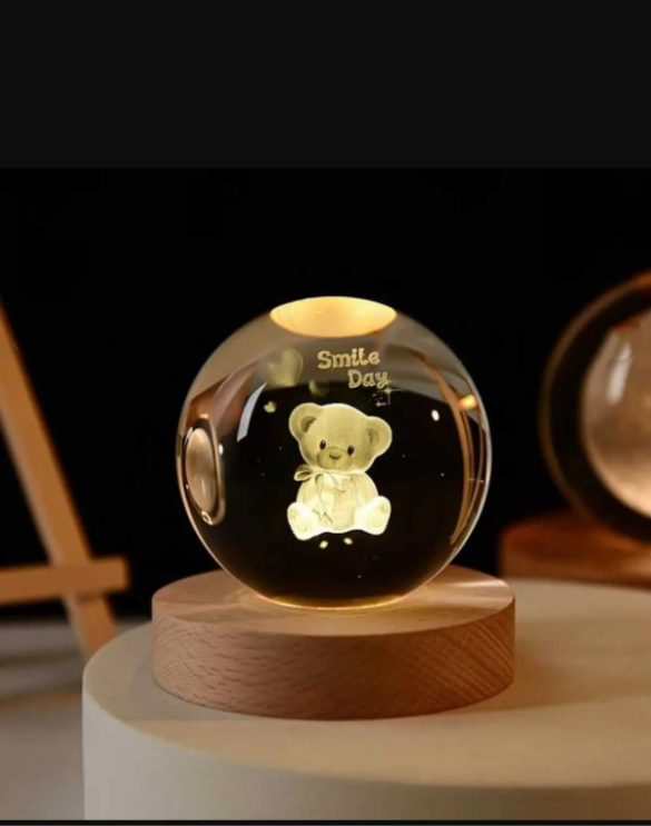 3D Kristal Cam Küre Ahşap Kaideli Gece Lambası - Ayıcık
