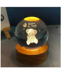 3D Kristal Cam Küre Ahşap Kaideli Gece Lambası - Ayıcık