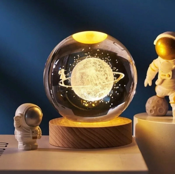 3D Kristal Cam Küre Ahşap Kaideli Gece Lambası - Satürn