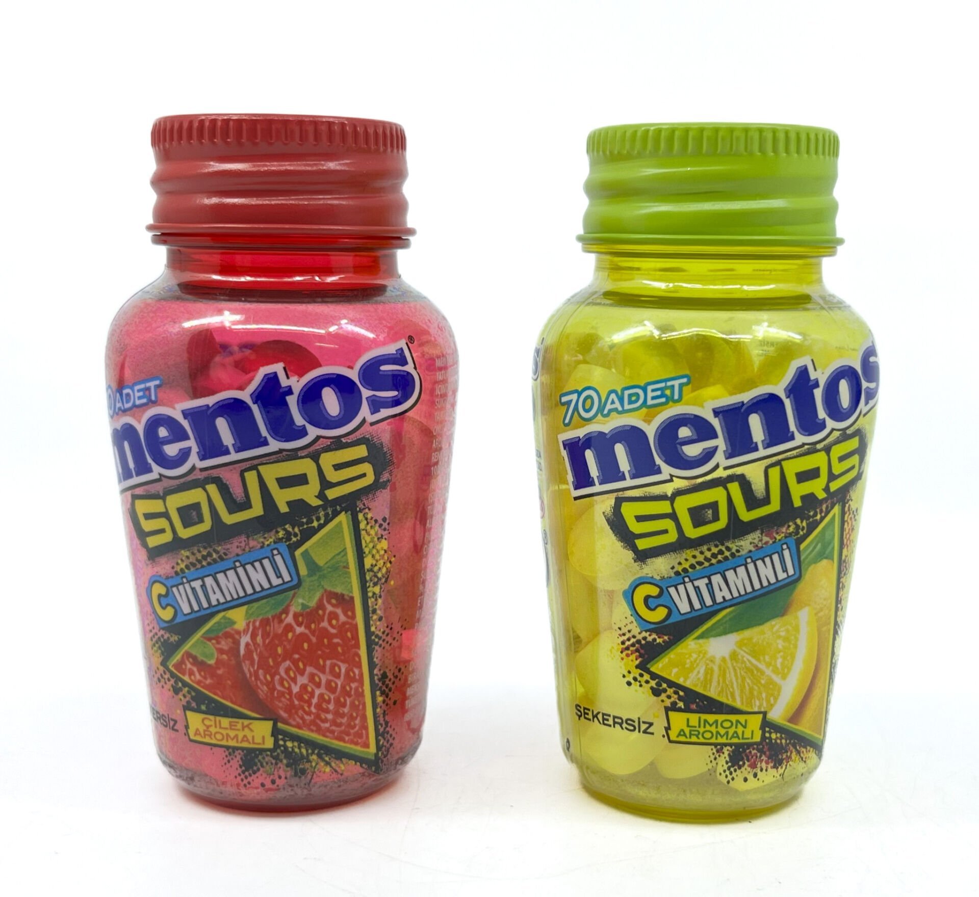 Mentos Sours Şekersiz Tatlandırıcılı C Vitaminli Limon ve Çilek Aromalı Tablet Şekerleme 49gr X 2 Adet