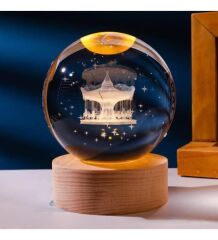 3D Kristal Cam Küre Ahşap Kaideli Gece Lambası - Atlıkarınca