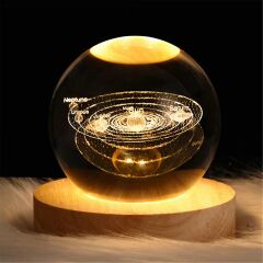 3D Kristal Cam Küre Ahşap Kaideli Gece Lambası - Gezegenler
