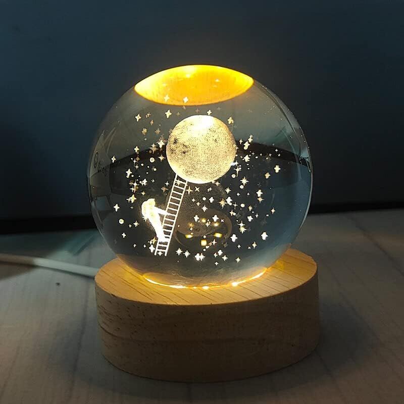 3D Kristal Cam Küre Ahşap Kaideli Gece Lambası - Astronot ve Ay