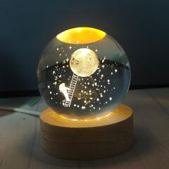 3D Kristal Cam Küre Ahşap Kaideli Gece Lambası - Astronot ve Ay