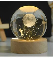 3D Kristal Cam Küre Ahşap Kaideli Gece Lambası - Astronot ve Ay