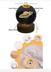 3D Kristal Cam Küre Ahşap Kaideli Gece Lambası - Astronot ve Ay