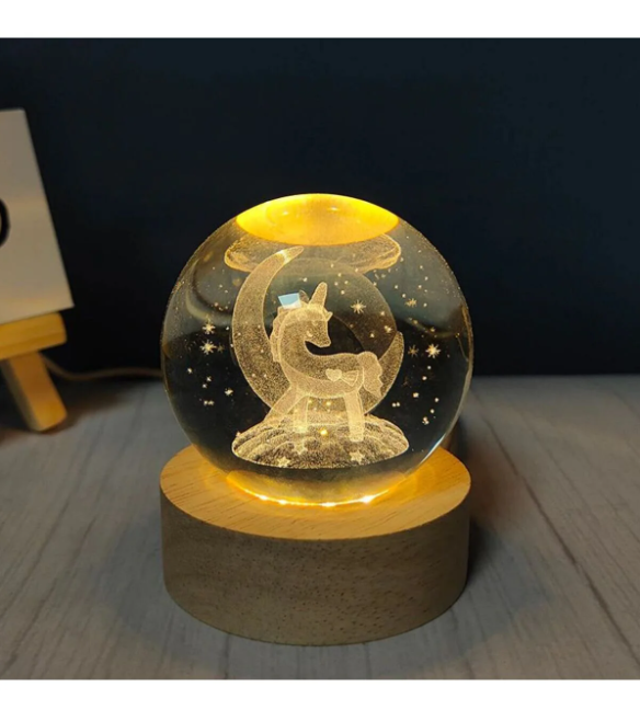 3D Kristal Cam Küre Ahşap Kaideli Gece Lambası - Unicorn