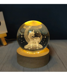 3D Kristal Cam Küre Ahşap Kaideli Gece Lambası - Unicorn
