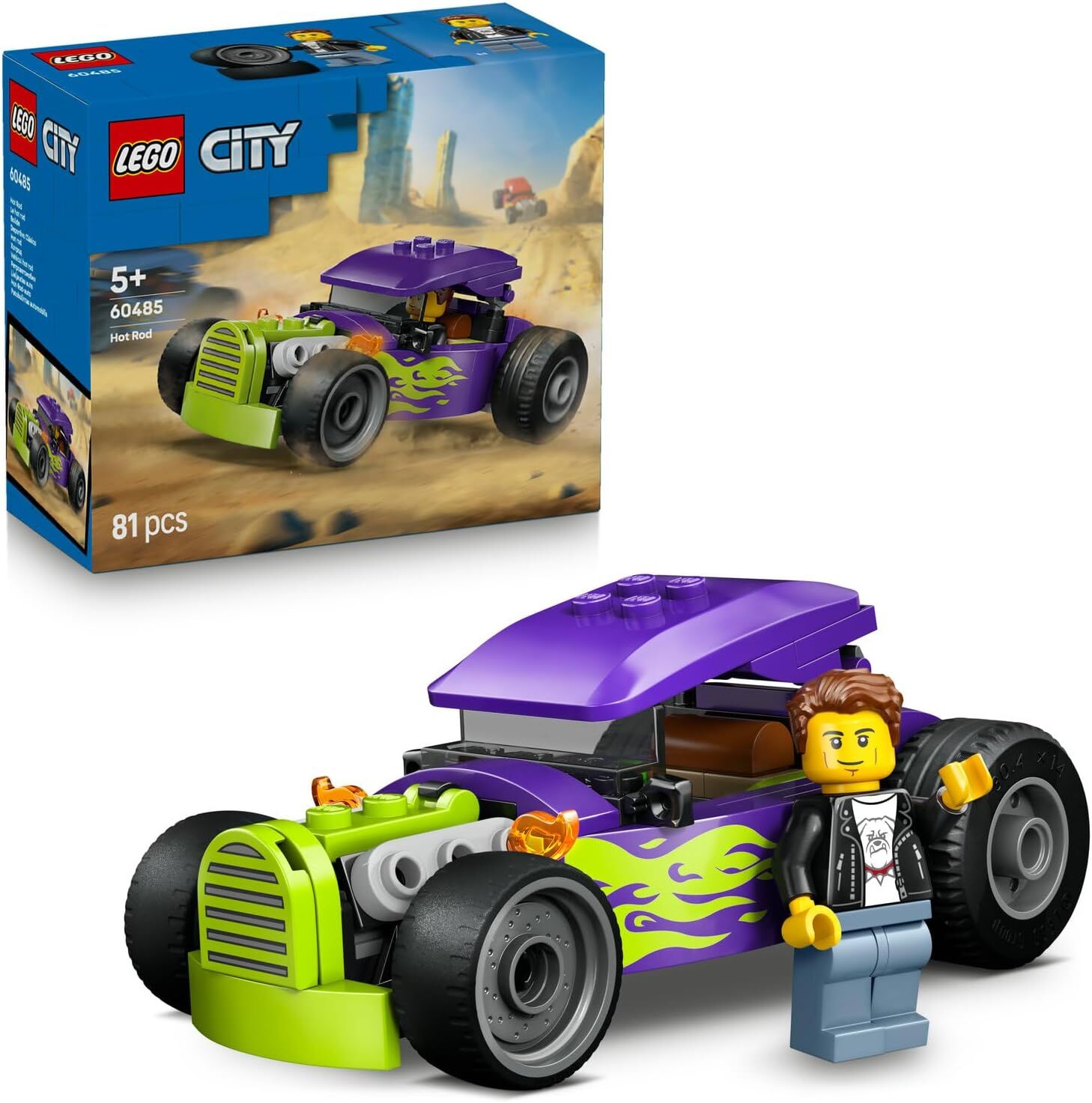LEGO City Hot Rod 60485 – 5 Yaş ve Üzeri Çocuklar için Sürücü Minifigürü İçeren Yaratıcı Oyuncak Araba Yapım Seti (81 Parça)