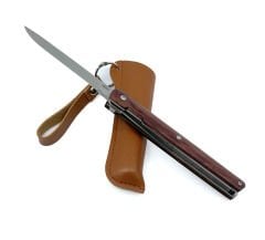 Özel Şık Kılıfında Ahşap Kabze Dikiş Tutmaz Flipper Çakı - Kahverengi