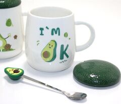 Avokado Baskılı Kapaklı Seramik Kupa - Im OK