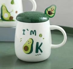 Avokado Baskılı Kapaklı Seramik Kupa - Im OK