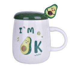 Avokado Baskılı Kapaklı Seramik Kupa - Im OK