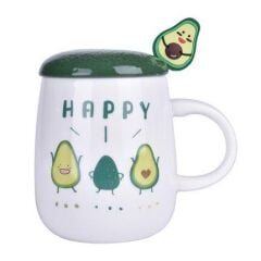 Avokado Baskılı Kapaklı Seramik Kupa - Happy