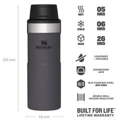 İnce Gövde Classic Trigger-Action Travel Mug 0,35 Litre(12 Oz) - Stanley Klasik Tek El Termos Bardak - Charcoal