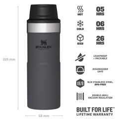 İnce Gövde Classic Trigger-Action Travel Mug 0,35 Litre(12 Oz) - Stanley Klasik Tek El Termos Bardak - Charcoal