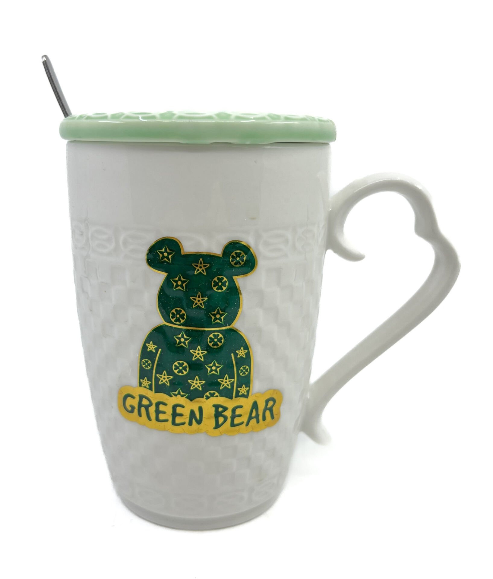 Porselen Kapaklı Yeşil Ayıcık Desenli Porselen Kupa Bardak Beyaz