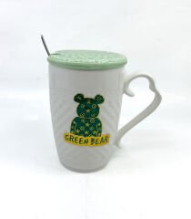 Porselen Kapaklı Yeşil Ayıcık Desenli Porselen Kupa Bardak Beyaz