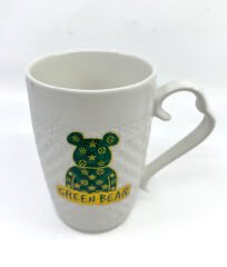 Porselen Kapaklı Yeşil Ayıcık Desenli Porselen Kupa Bardak Beyaz