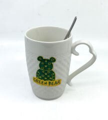 Porselen Kapaklı Yeşil Ayıcık Desenli Porselen Kupa Bardak Beyaz