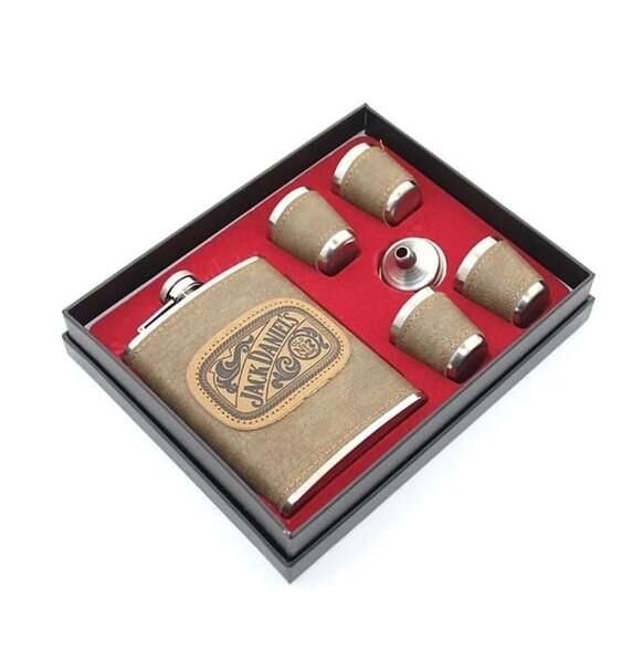 J&D Paslanmaz Çelik Matara Set - 4 Shot Bardak ve Huni - Kahverengi