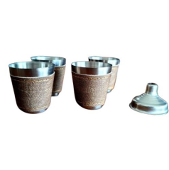 J&D Paslanmaz Çelik Matara Set - 4 Shot Bardak ve Huni - Kahverengi