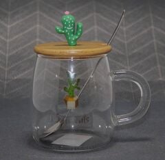 Kaktüs Temalı Kapaklı Cam Kupa