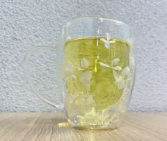 Kurutulmuş Çiçekler Çift Duvarlı Cam Bardak 350ml Çift Duvarlı Cam Çiçek, Kuru Çiçekli Kahve Bardağı Model 3