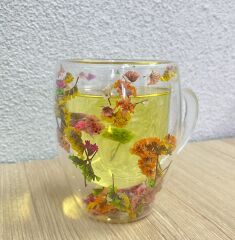 Kurutulmuş Çiçekler Çift Duvarlı Cam Bardak 350ml Çift Duvarlı Cam Çiçek, Kuru Çiçekli Kahve Bardağı Model 4