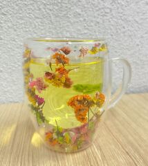 Kurutulmuş Çiçekler Çift Duvarlı Cam Bardak 350ml Çift Duvarlı Cam Çiçek, Kuru Çiçekli Kahve Bardağı Model 4