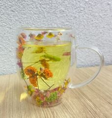 Kurutulmuş Çiçekler Çift Duvarlı Cam Bardak 350ml Çift Duvarlı Cam Çiçek, Kuru Çiçekli Kahve Bardağı Model 4