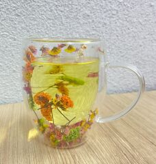 Kurutulmuş Çiçekler Çift Duvarlı Cam Bardak 350ml Çift Duvarlı Cam Çiçek, Kuru Çiçekli Kahve Bardağı Model 4