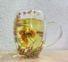 Kurutulmuş Çiçekler Çift Duvarlı Cam Bardak 350ml Çift Duvarlı Cam Çiçek, Kuru Çiçekli Kahve Bardağı Model 4