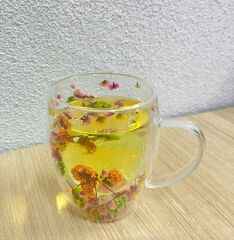 Kurutulmuş Çiçekler Çift Duvarlı Cam Bardak 350ml Çift Duvarlı Cam Çiçek, Kuru Çiçekli Kahve Bardağı Model 4