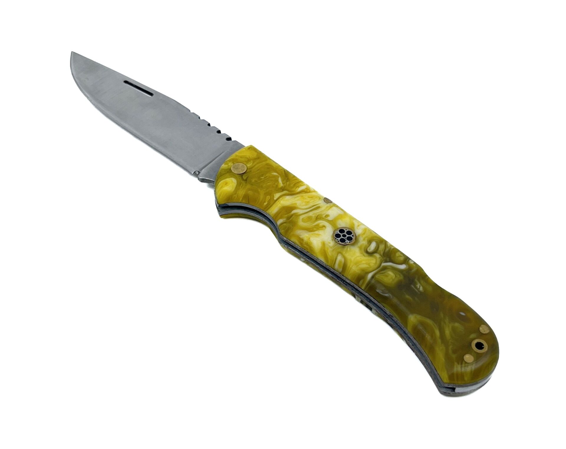 Özel Tasarım Sarı Epoksi Kabzeli Kamp ve Outdoor Çakısı – Mozaik Pim