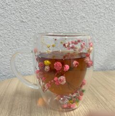 Kurutulmuş Çiçekler Çift Duvarlı Cam Bardak 350ml Çift Duvarlı Cam Çiçek, Kuru Çiçekli Kahve Bardağı Model 2