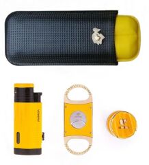 Cohiba Çakmak Kesici Kılıf Sehpa Dörtlü Puro Seti (Siyah-Sarı)