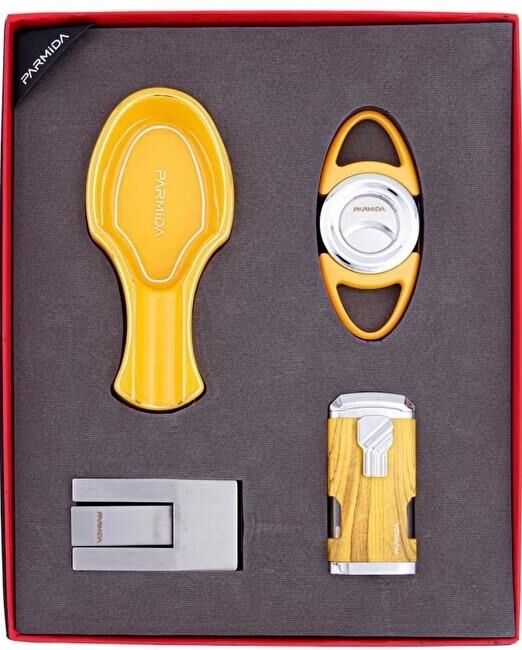 Parmida Çakmak Kesici Küllük Sehpa Dörtlü Puro Seti Sarı