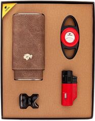 Cohiba Çakmak Kesici Kılıf Sehpa Dörtlü Puro Seti Kırmızı-Siyah